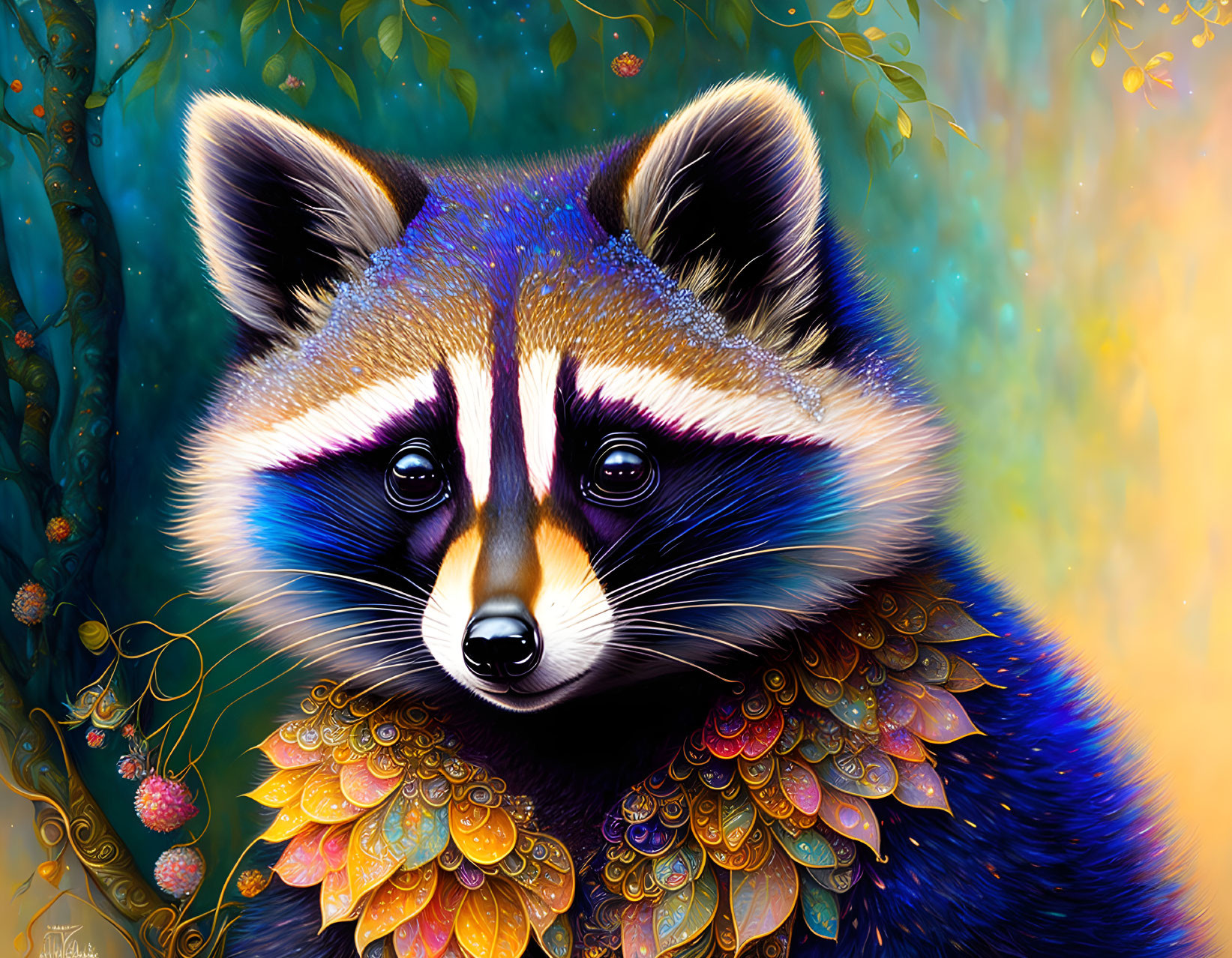 Vibrant blue fur stylized raccoon with leaf-like patterns