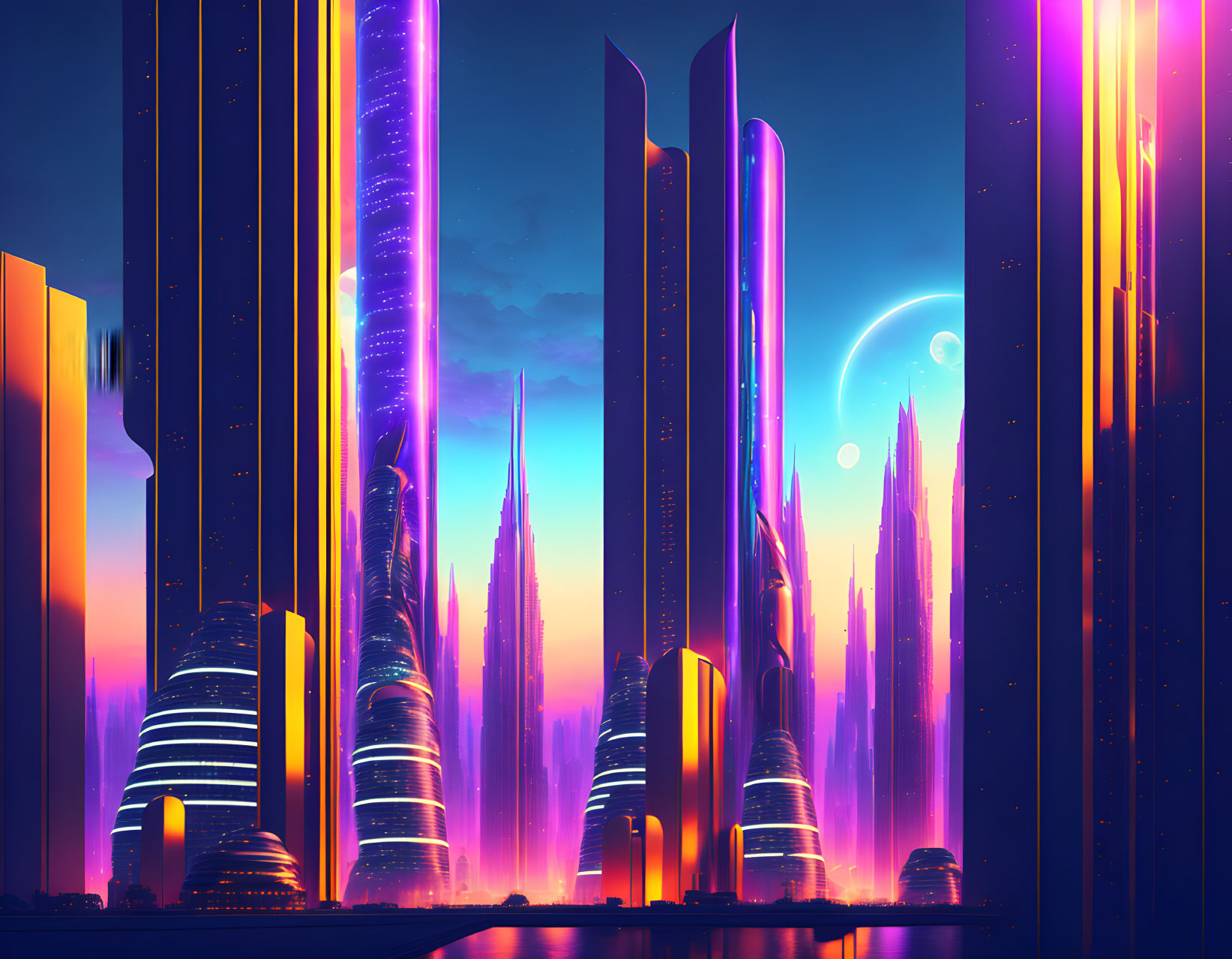 Futuristic cityscape at dusk with neon-lit skyscrapers under twilight sky