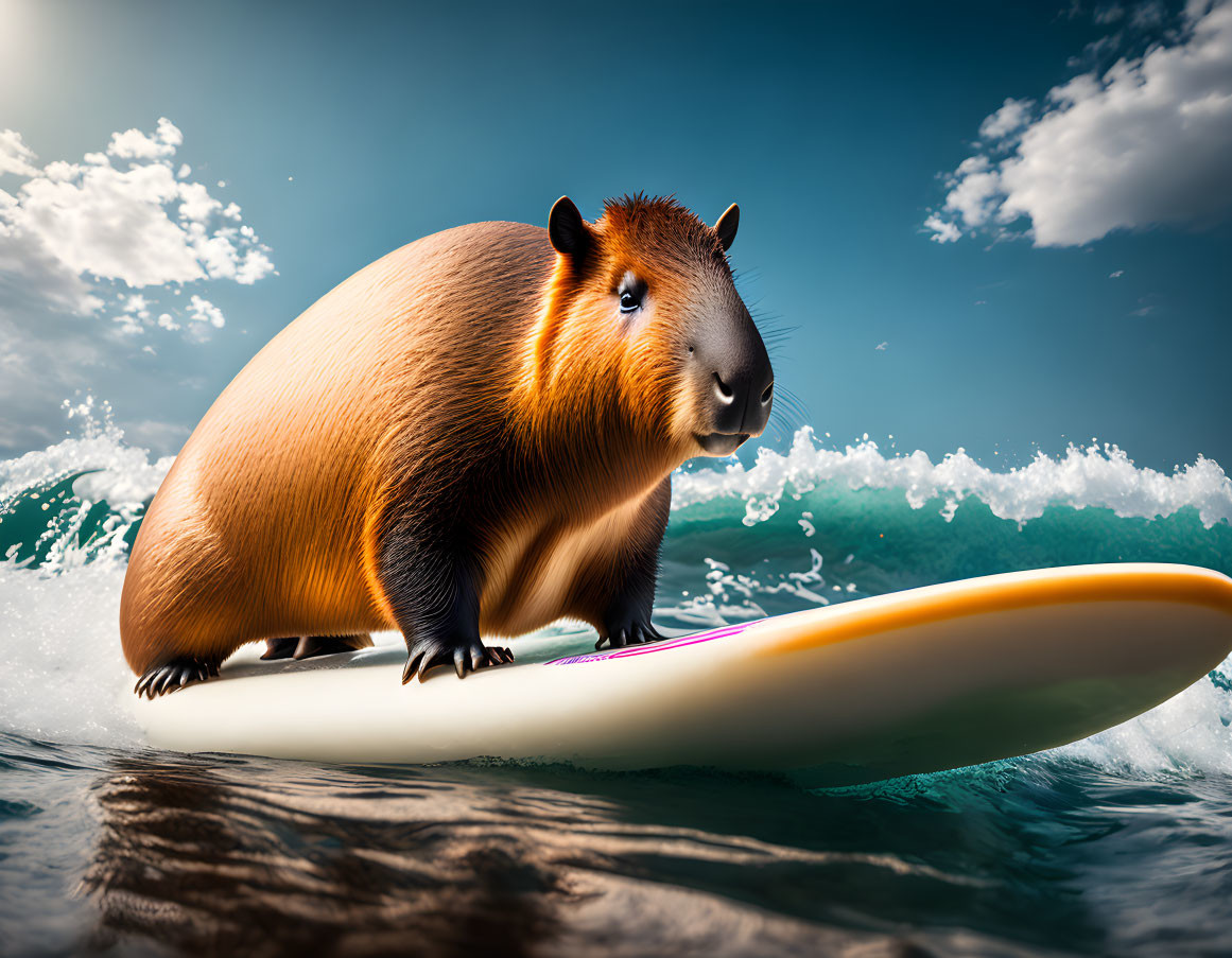 Capybara surfing on white and pink surfboard with blue waves and bright sky