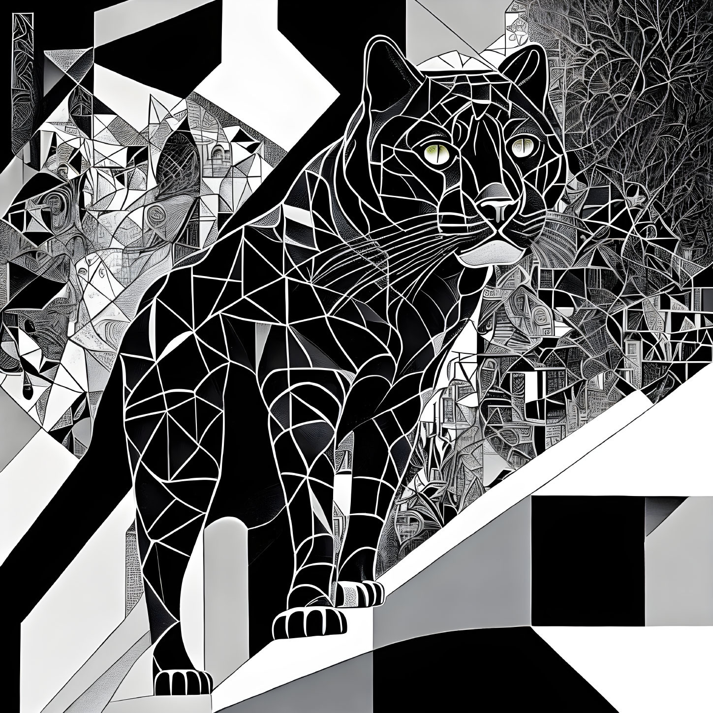 Monochrome geometric panther with green eyes in abstract composition