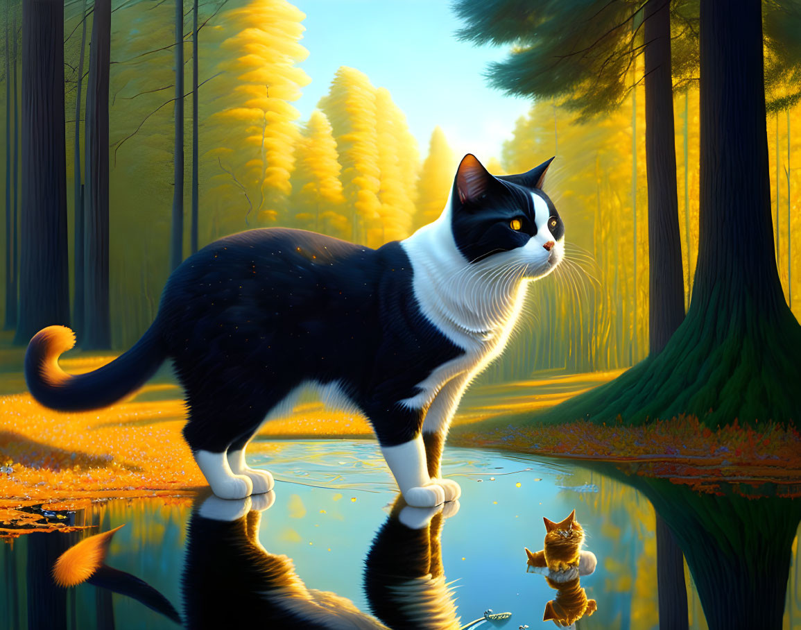 Majestic black and white cat by forest pond with reflection amid tall trees and golden foliage