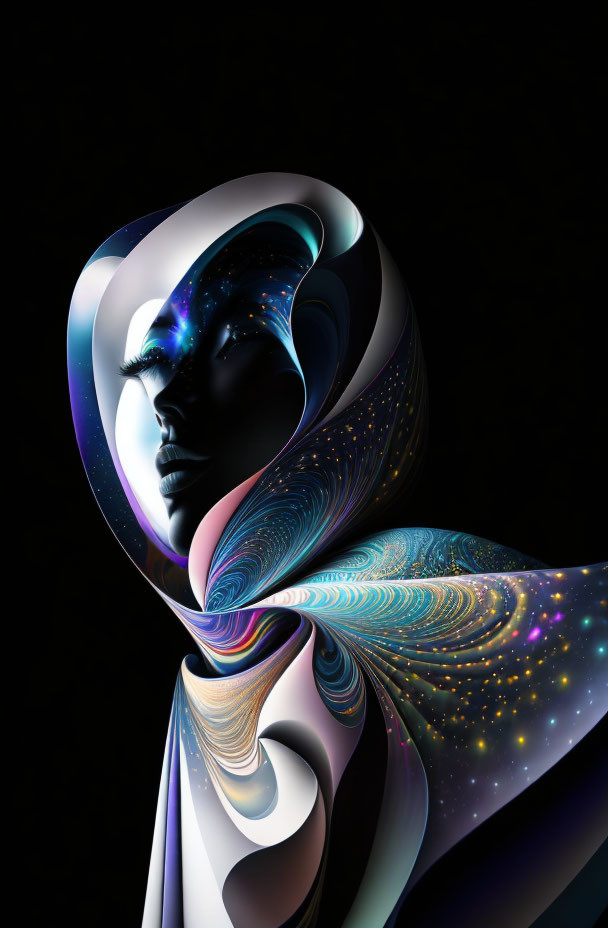 Surreal digital artwork: face with cosmic and fractal designs