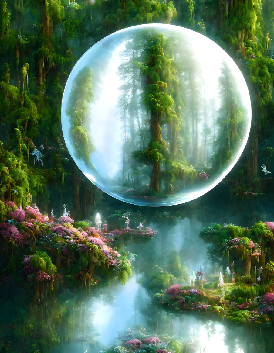 Surreal forest scene with floating sphere and serene water reflection