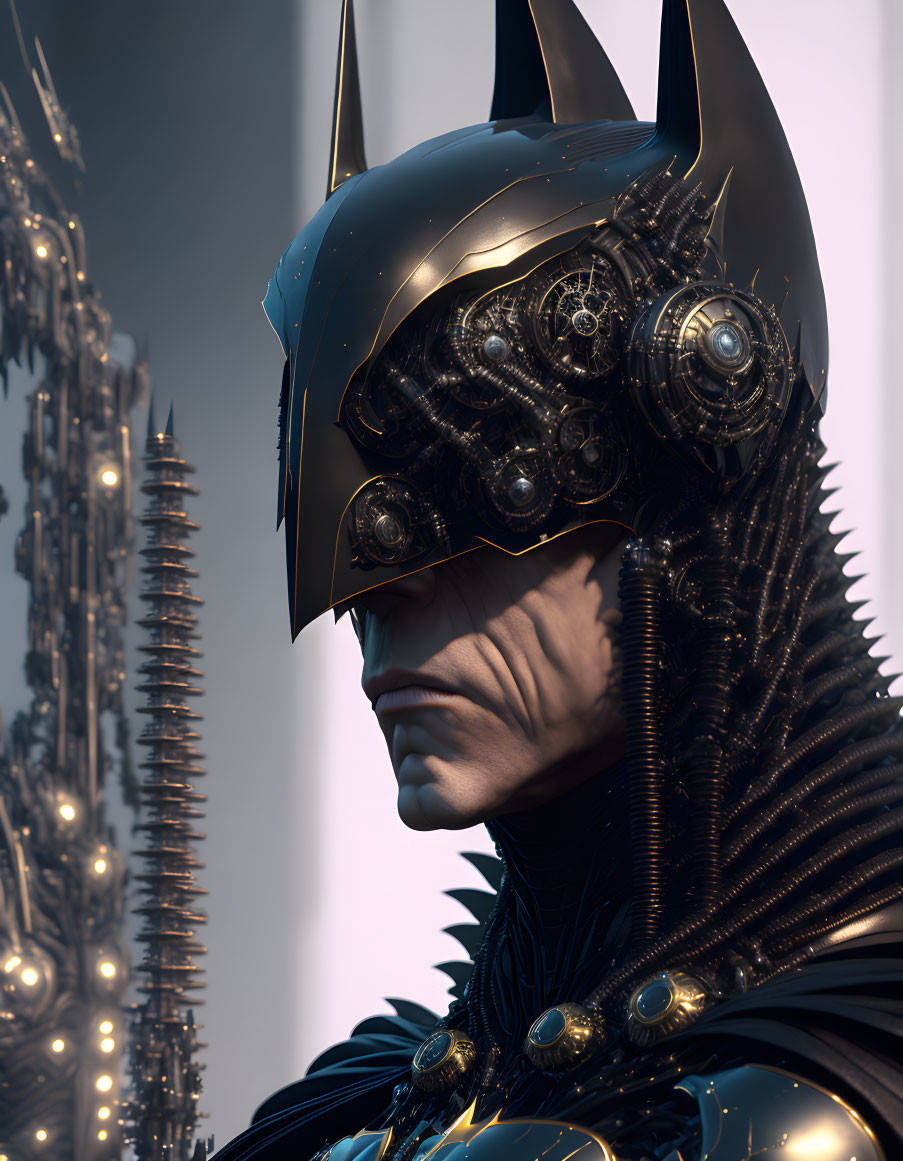 Futuristic robotic Batman with intricate mechanical details against towering spires