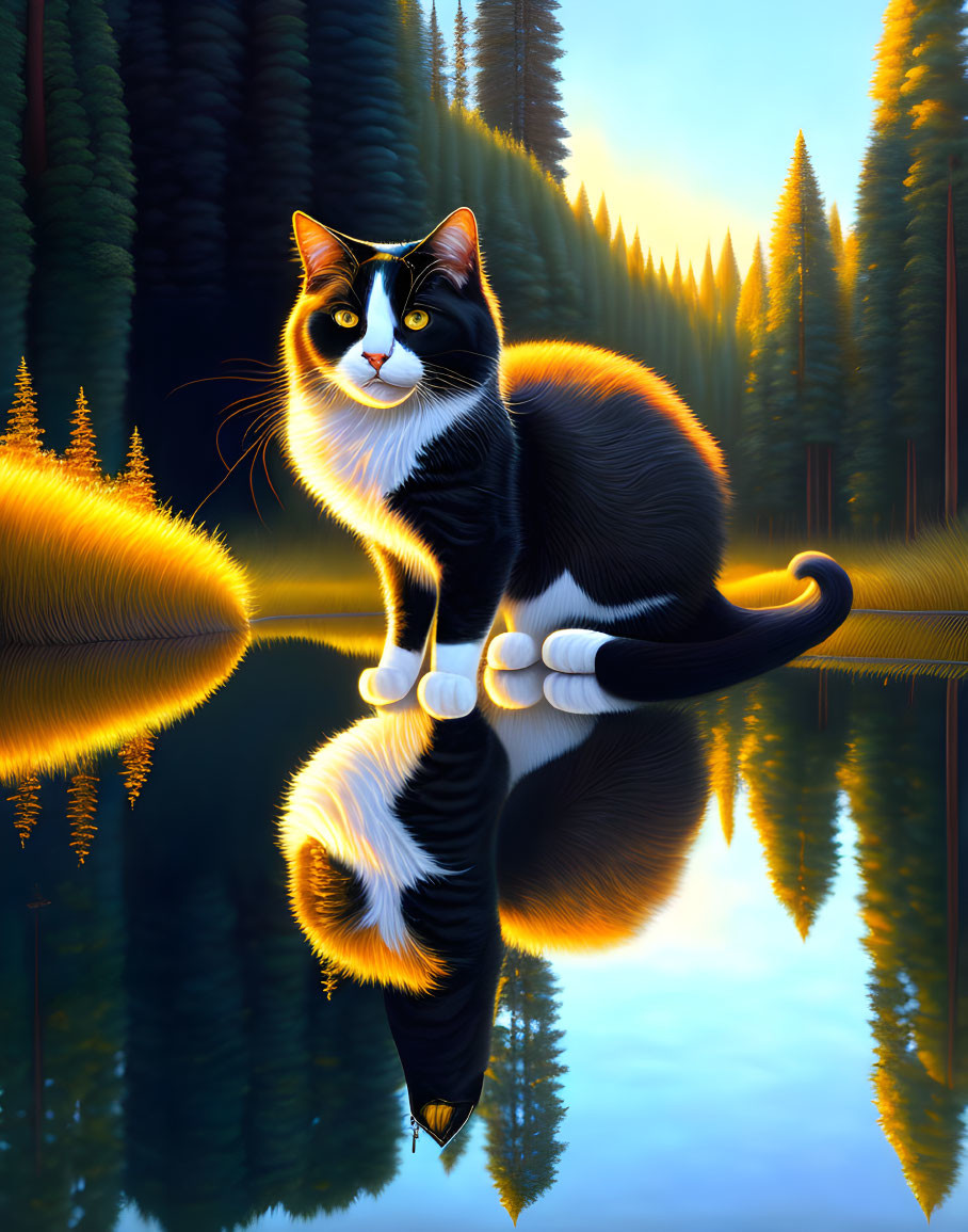 Black and white cat by tranquil lake at sunset with forest reflection