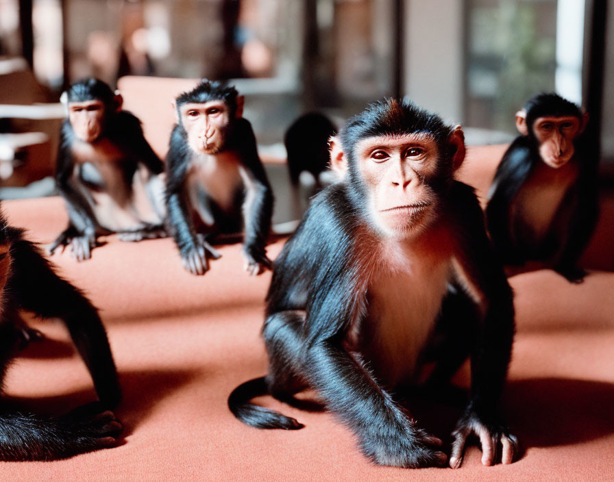 Macaque monkeys indoors on reddish surface with focused expressions