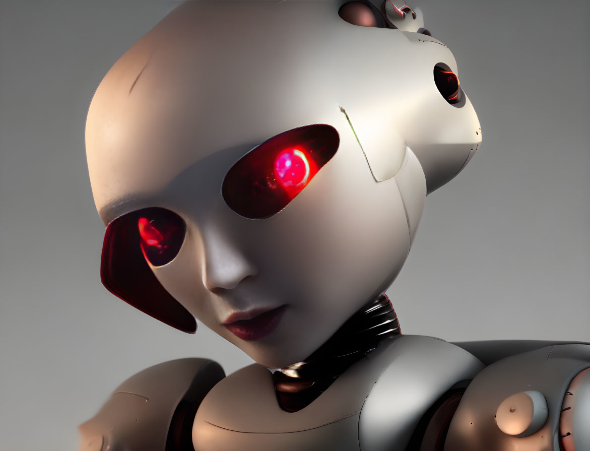 Humanoid Robot Head with Glowing Red Eyes and Metallic Skin