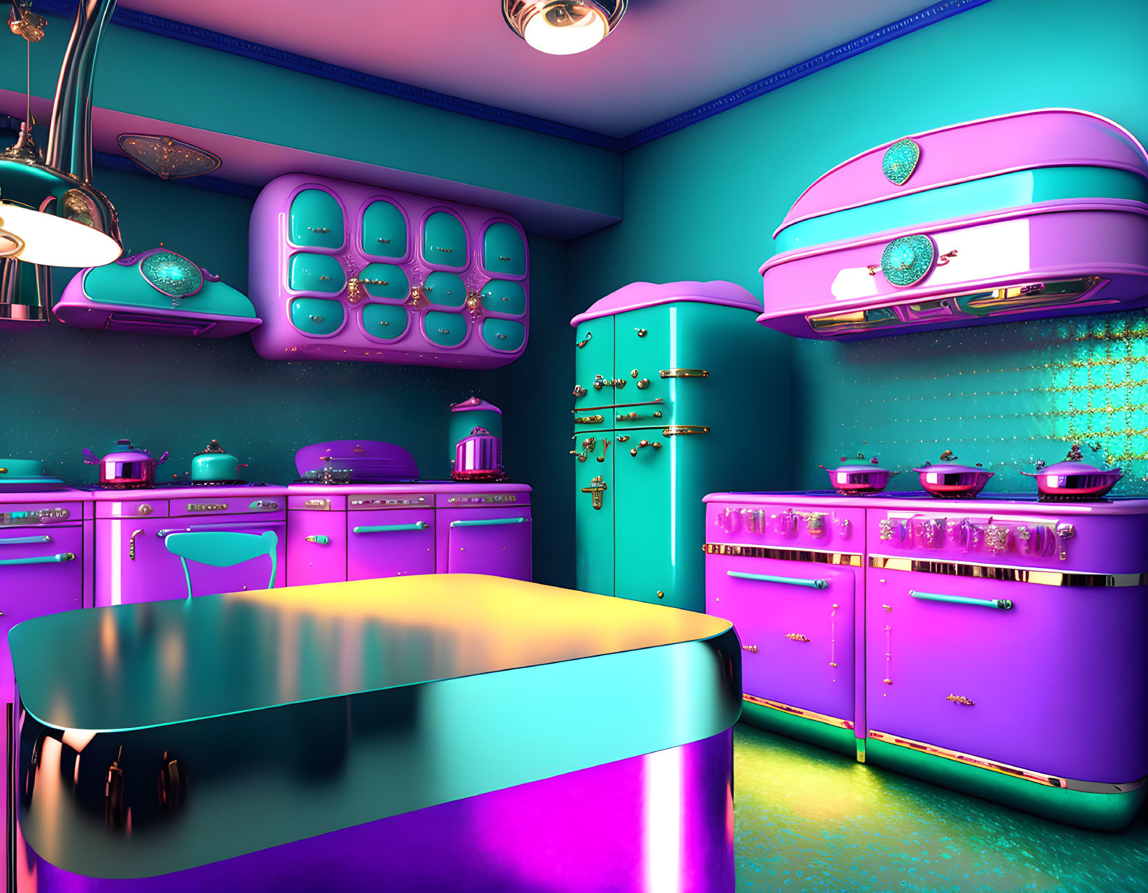 Colorful Retro-Style Kitchen with Pink Appliances and Teal Walls