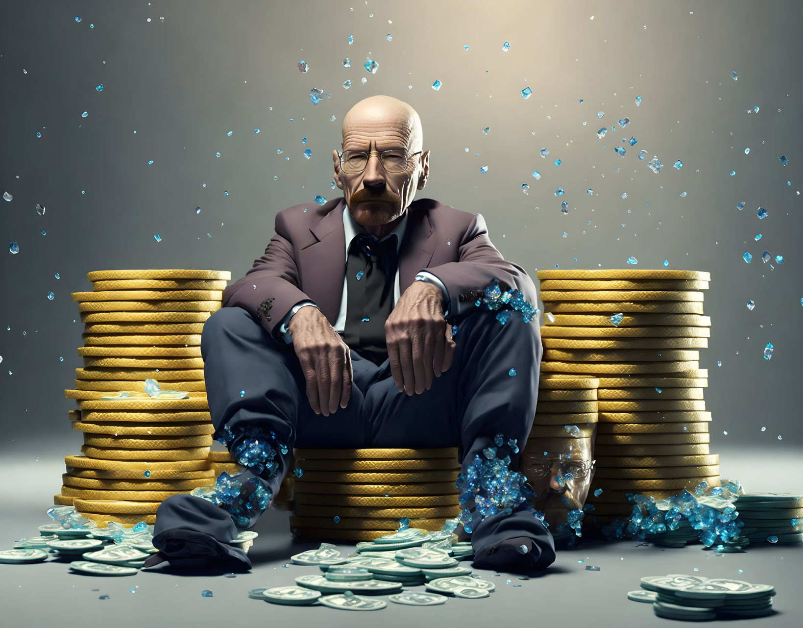 Man on Golden Coin Throne with Blue Crystals