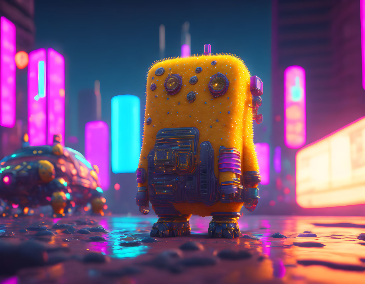 Small Yellow Robot in Futuristic Cityscape with Neon Lights