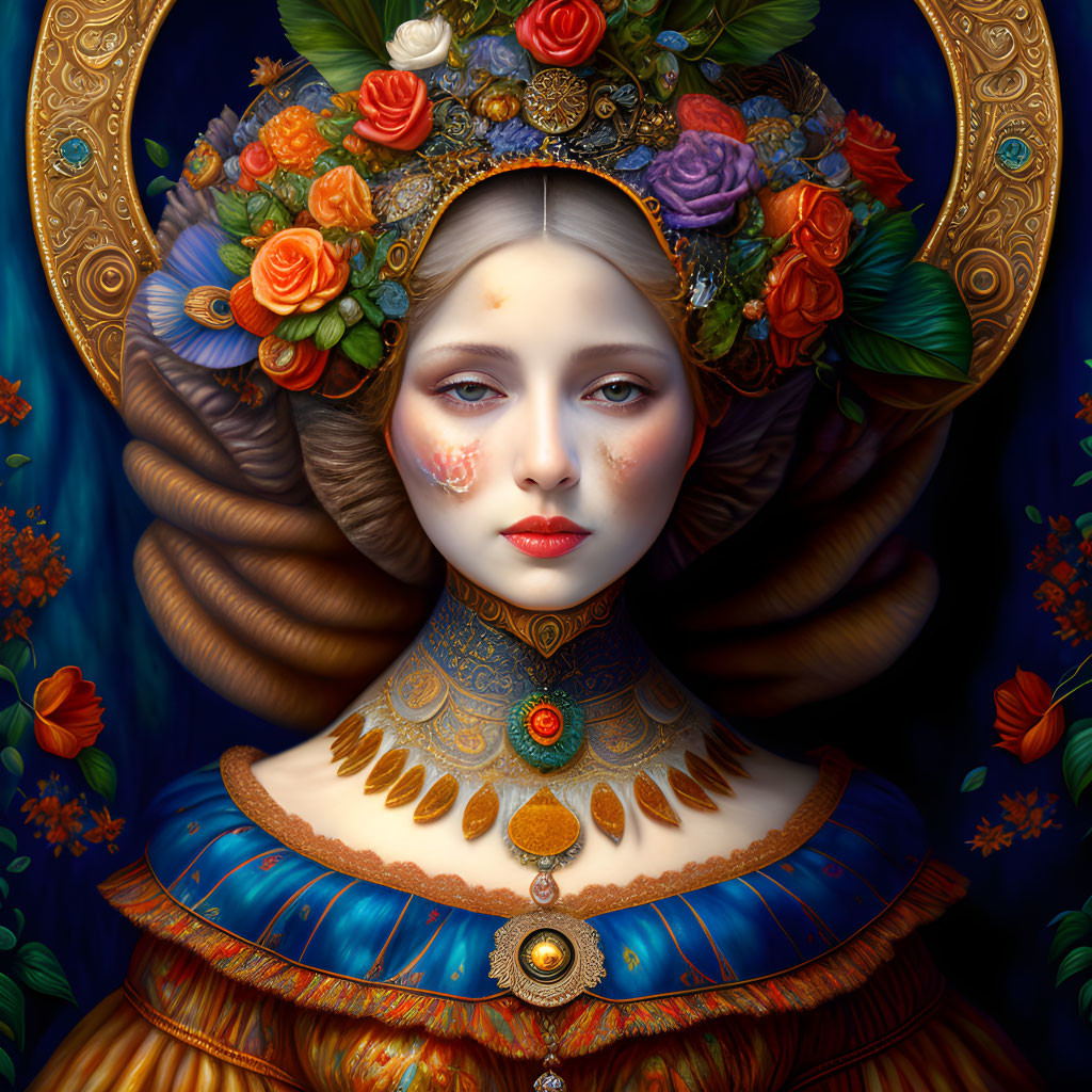 Digital Artwork of Woman in Floral Headgear and Golden Outfit on Dark Blue Background