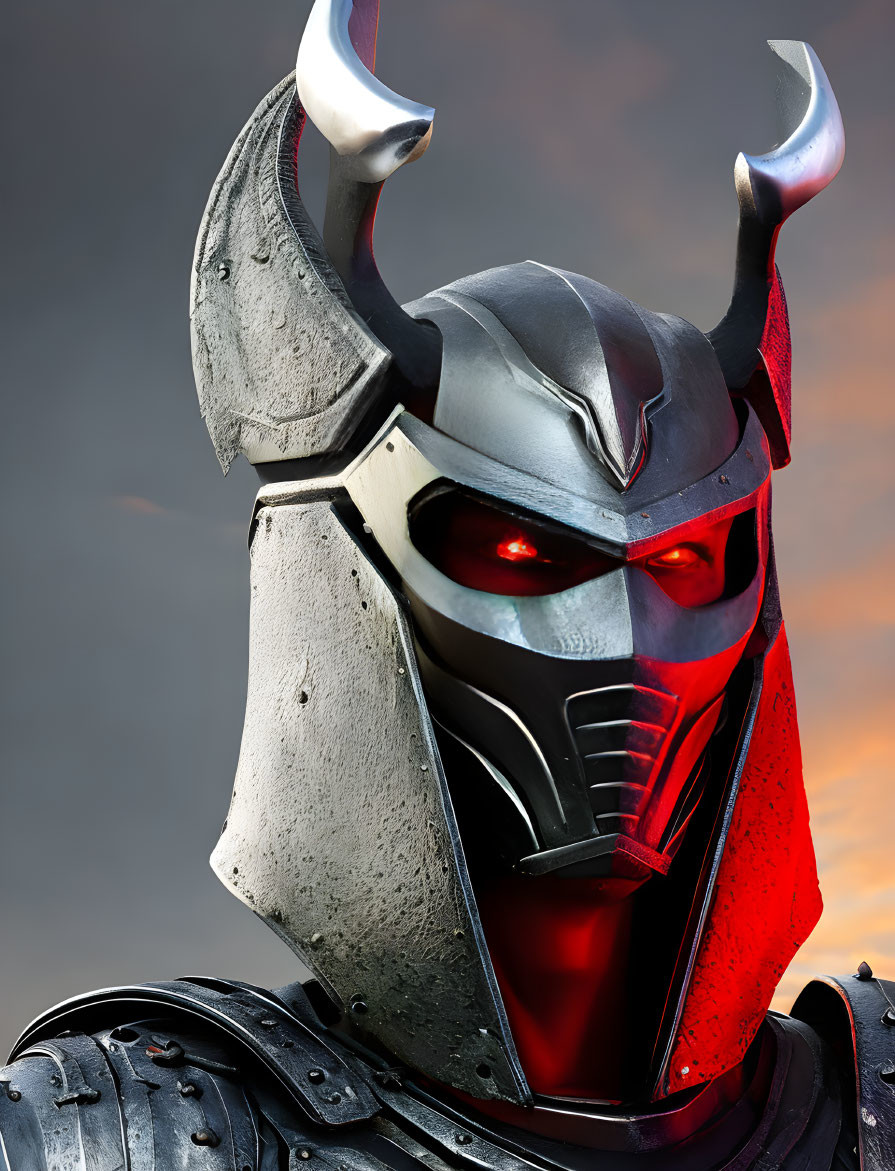 Stylized knight helmet with metallic horns and red glowing eyes against cloudy sky