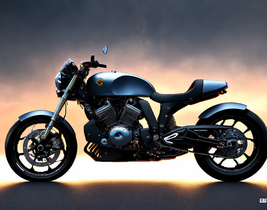 Custom Matte Black and Dark Grey Motorcycle Against Sunset Sky