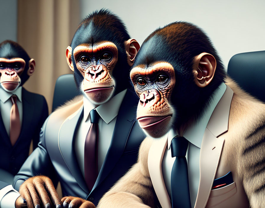 Anthropomorphized chimpanzees in suits with serious demeanor