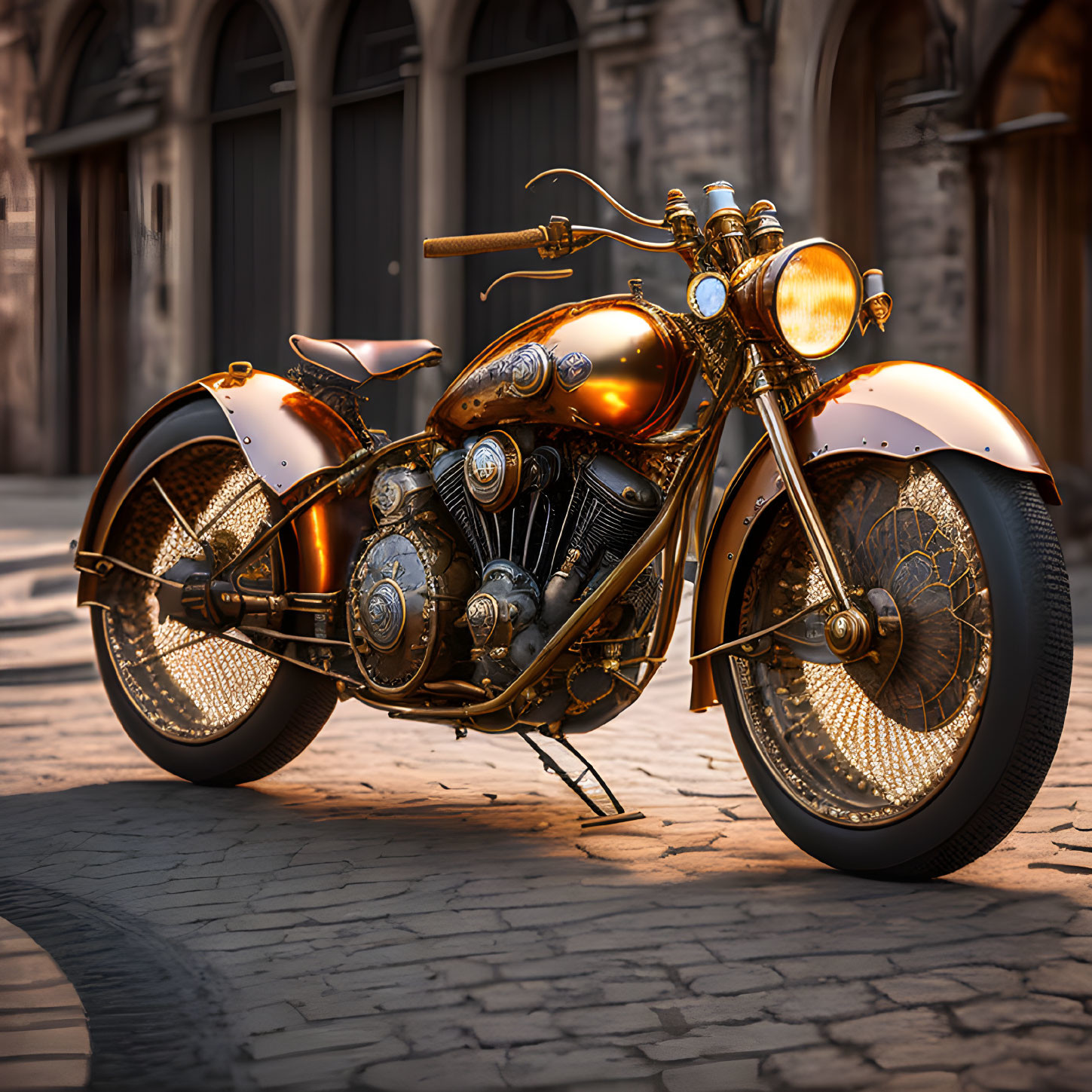 Vintage-Style Motorcycle with Copper Finish and Elaborate Design Details