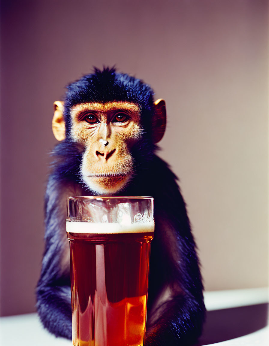 Monkey behind tall glass with amber liquid, gazing at camera.