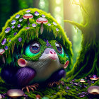 Fantastical creature with large eyes and mossy-furred body in enchanted forest