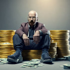 Man on Golden Coin Throne with Blue Crystals