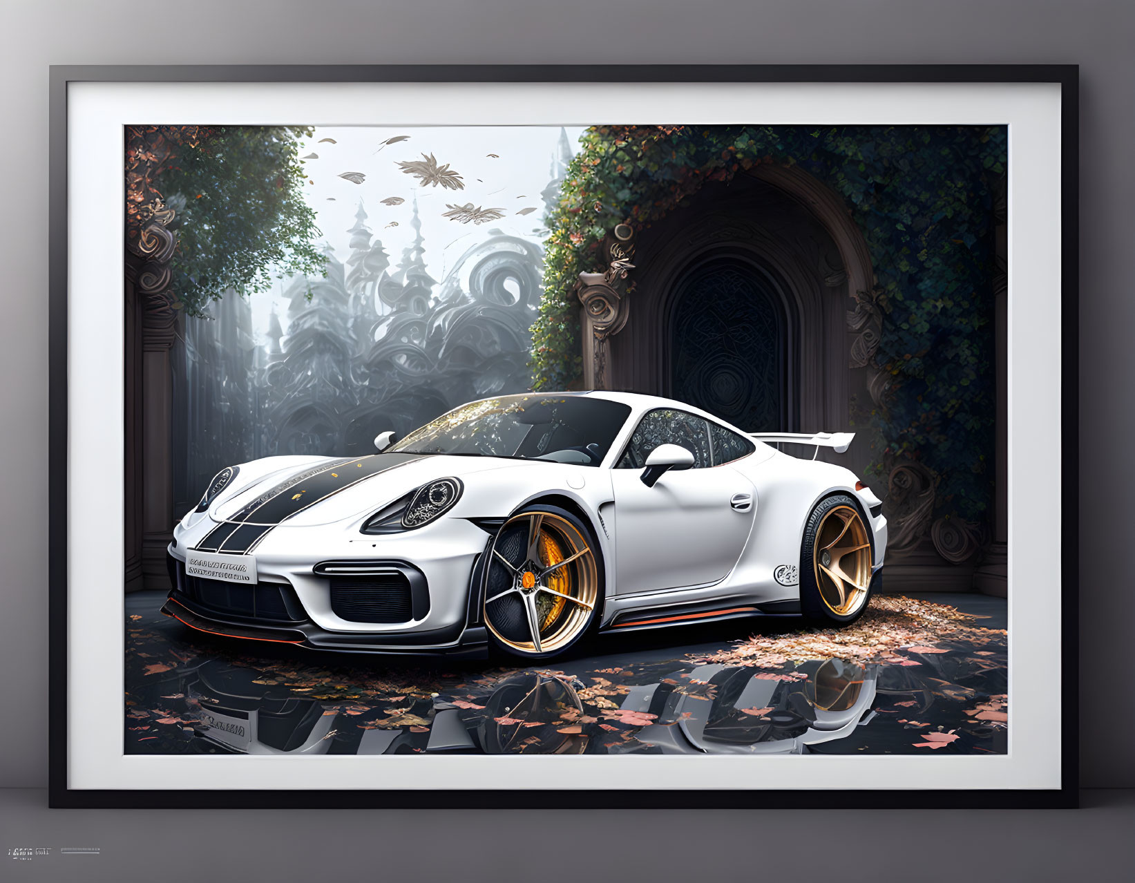 Framed digital artwork of white Porsche near ornate archway