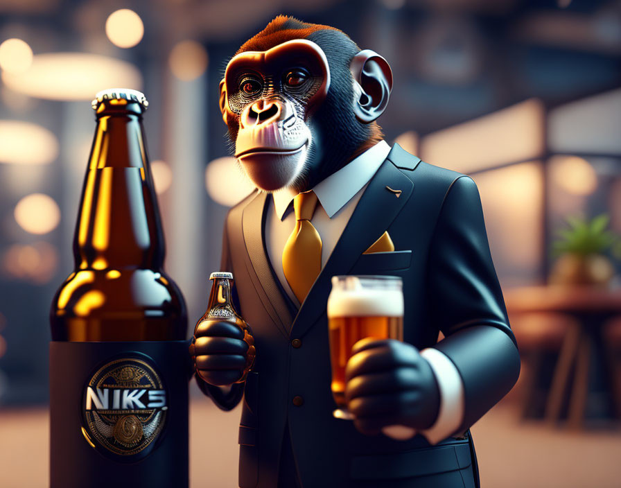 Chimpanzee in stylish attire at bar with beer bottle and glass