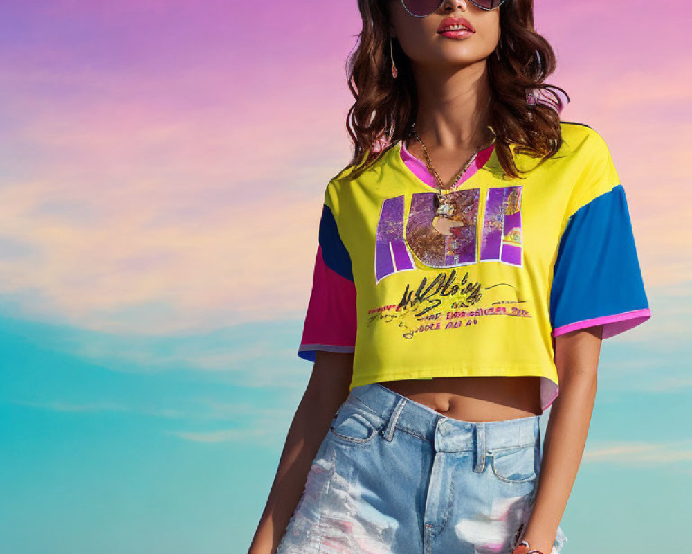 Fashionable Woman in Colorful Cropped Top and Denim Shorts on Blue Background