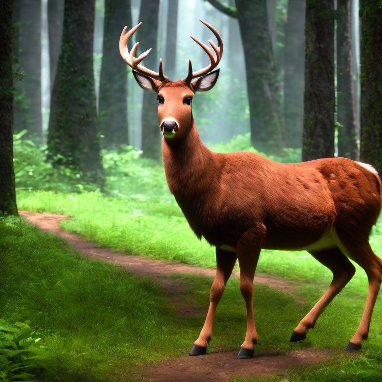 Brown deer with antlers in lush forest setting with soft light