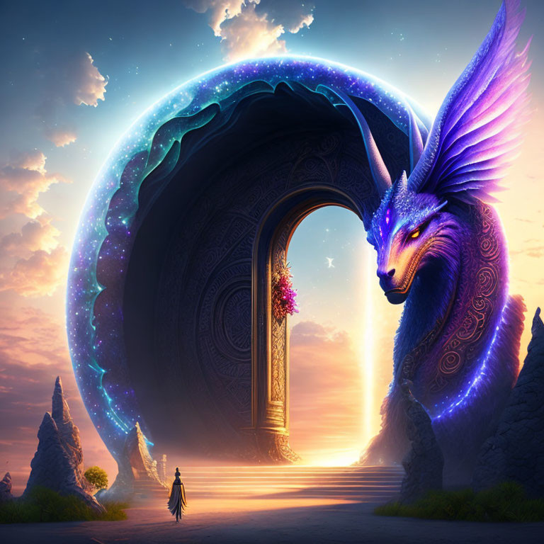 Colossal blue dragon with purple wings near ornate archway at sunrise or sunset