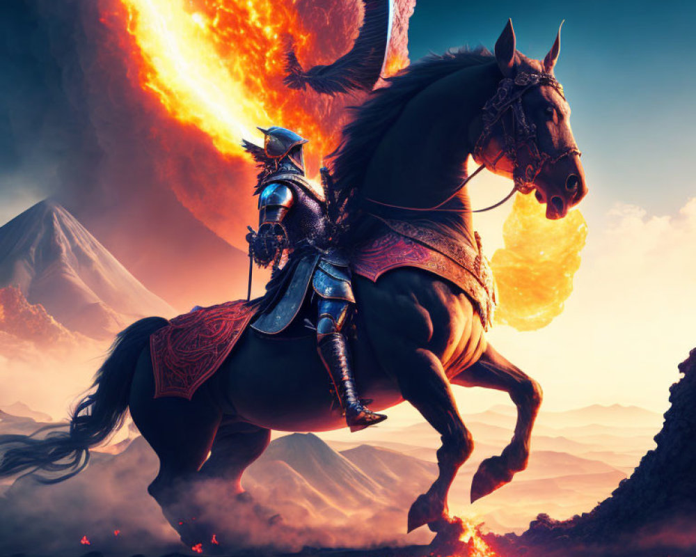 Knight in armor riding horse in fiery landscape with massive comet.