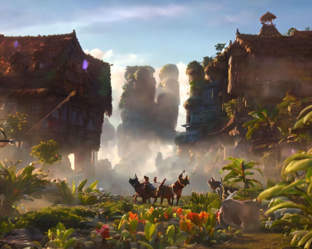 Animated village with traditional houses in lush greenery and characters riding to cloud-covered forest