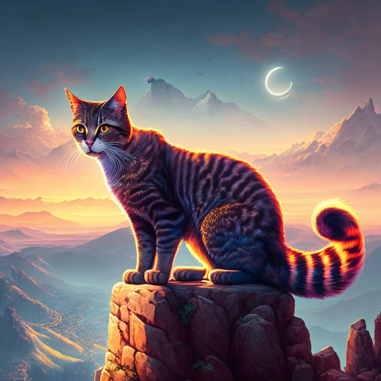 Striped Cat Sunset Cliff Landscape with Mountains and Crescent Moon