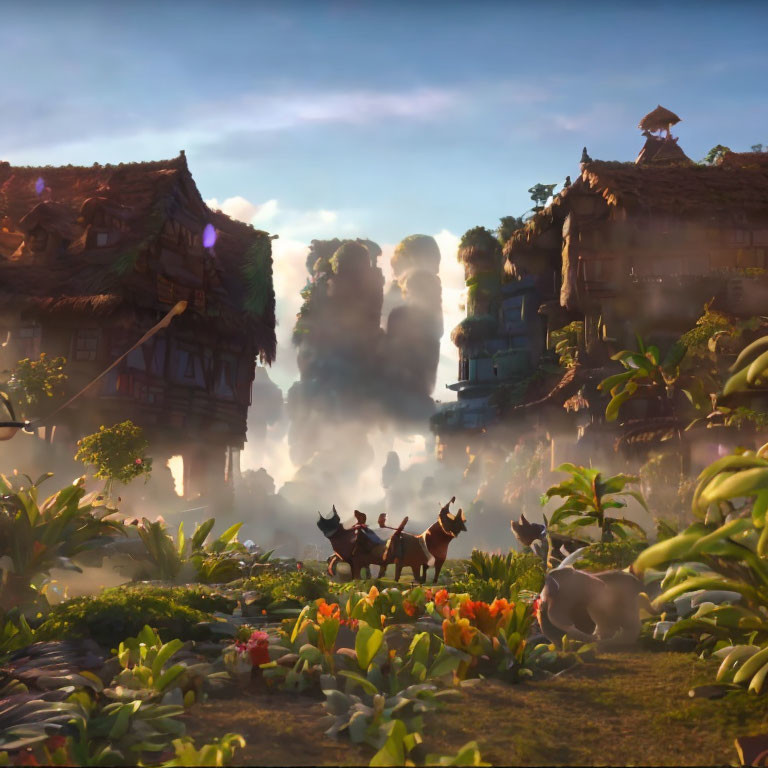 Animated village with traditional houses in lush greenery and characters riding to cloud-covered forest