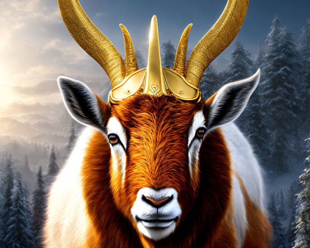 Majestic goat with golden horns in snowy forest landscape