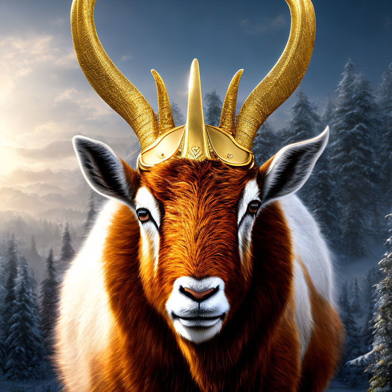 Majestic goat with golden horns in snowy forest landscape