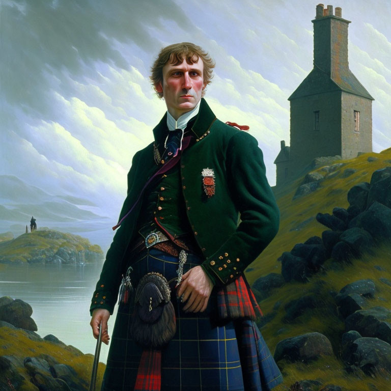 Traditional Scottish Attire: Man in Tartan Kilt by Misty Lochside