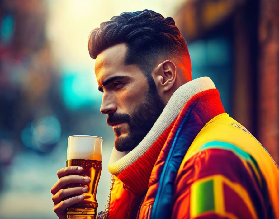 Bearded man in colorful jacket with beer glass in city at dusk