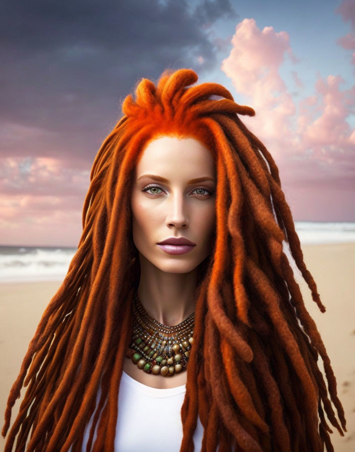 Red Dreadlocked Woman in White Top with Green Eyes and Colorful Beads on Beach