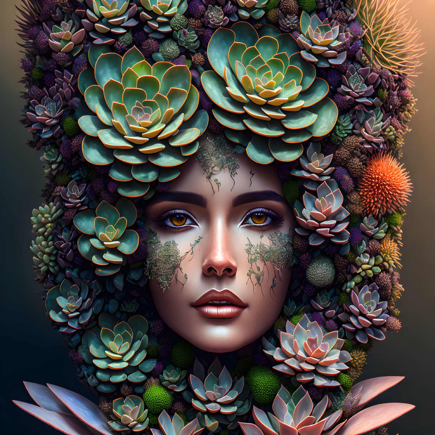 Vibrant succulent plants frame woman's face in digital art