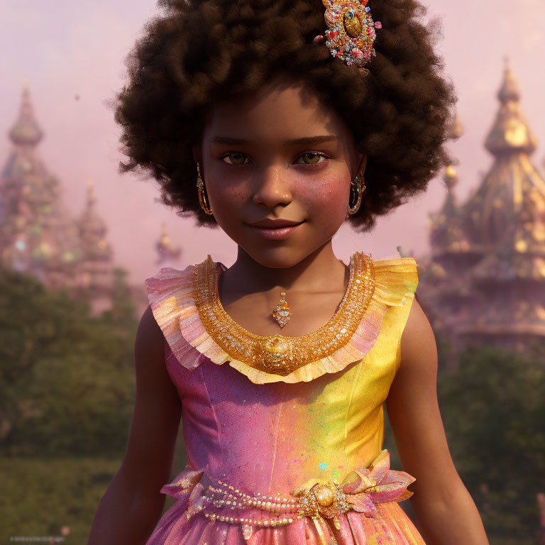 Young girl in curly afro and gem-adorned dress smiling in front of ornate buildings