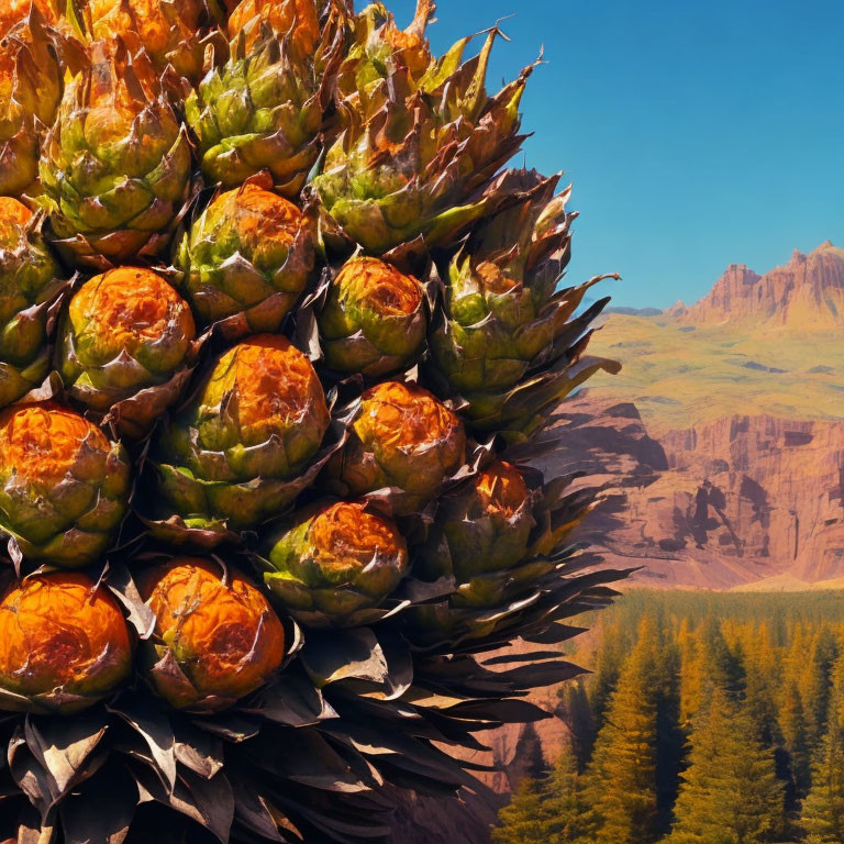 Vibrant green pine cones against orange rock formations