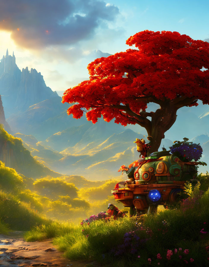 Colorful fantasy landscape with red tree on mobile house, greenery, and mountains.