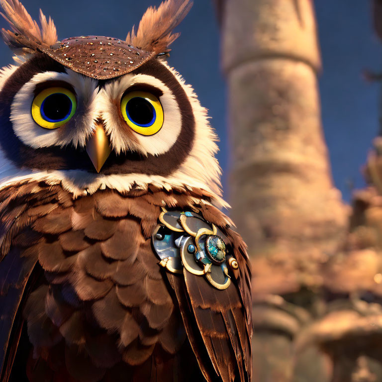 Detailed 3D anthropomorphic owl with yellow eyes, leather cap, mechanical shoulder piece, in twilight