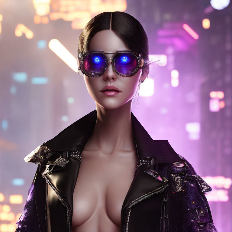 Futuristic woman in sunglasses and leather jacket against neon cityscape