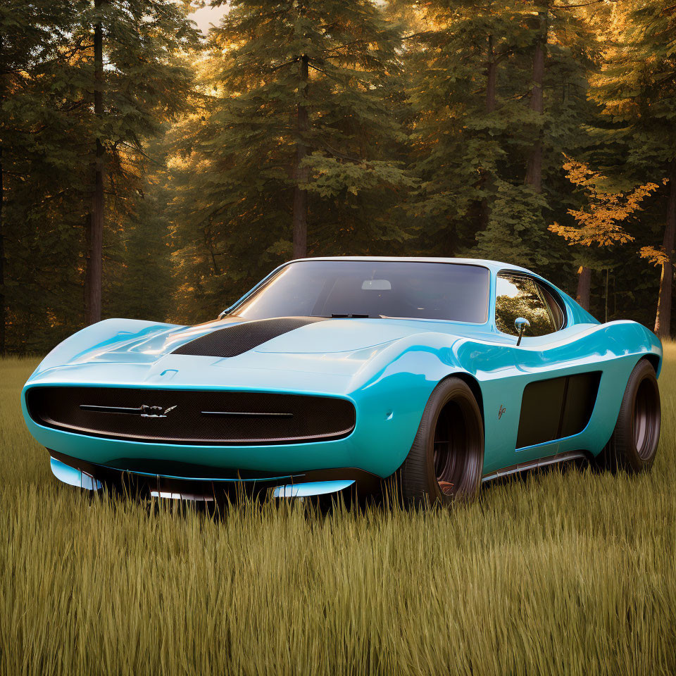 Turquoise Sports Car with Futuristic Design in Forest Setting