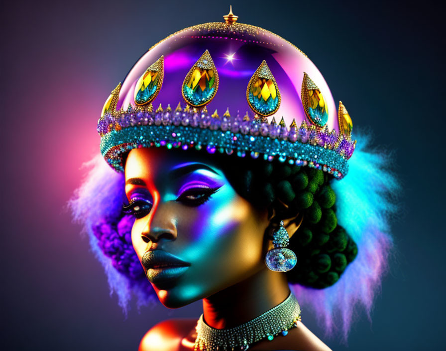 Vibrant digital artwork of a woman with colorful crown and glowing skin