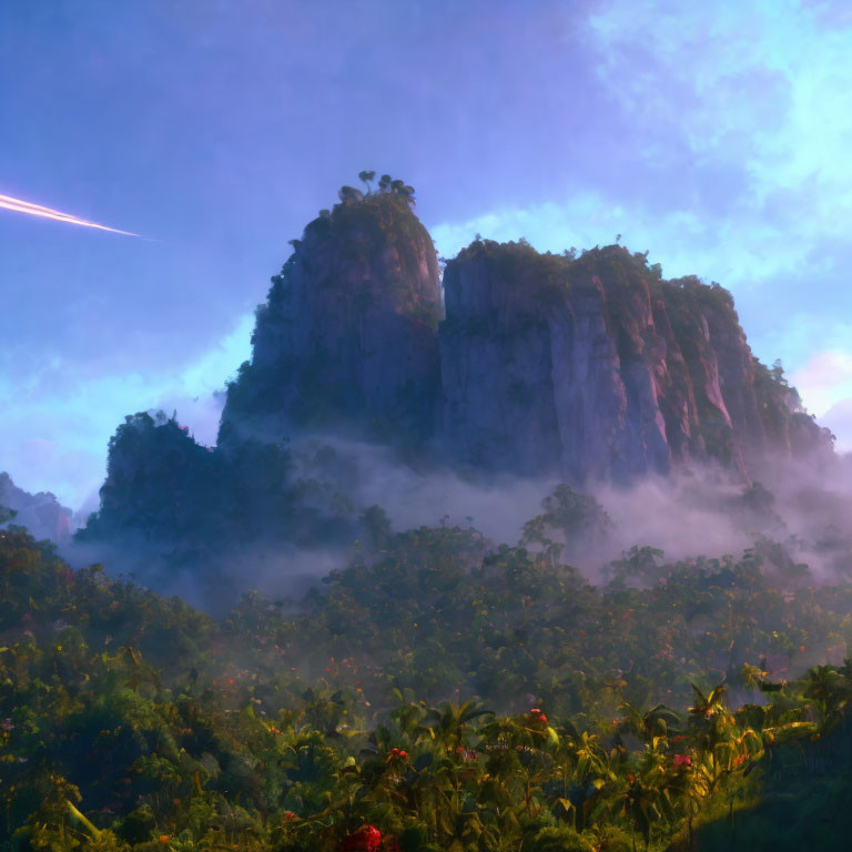 Tropical forest with mist, towering cliffs, and meteor in the sky