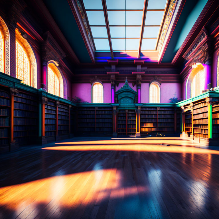 Classic Library with Book-Filled Shelves and Stained Glass Windows