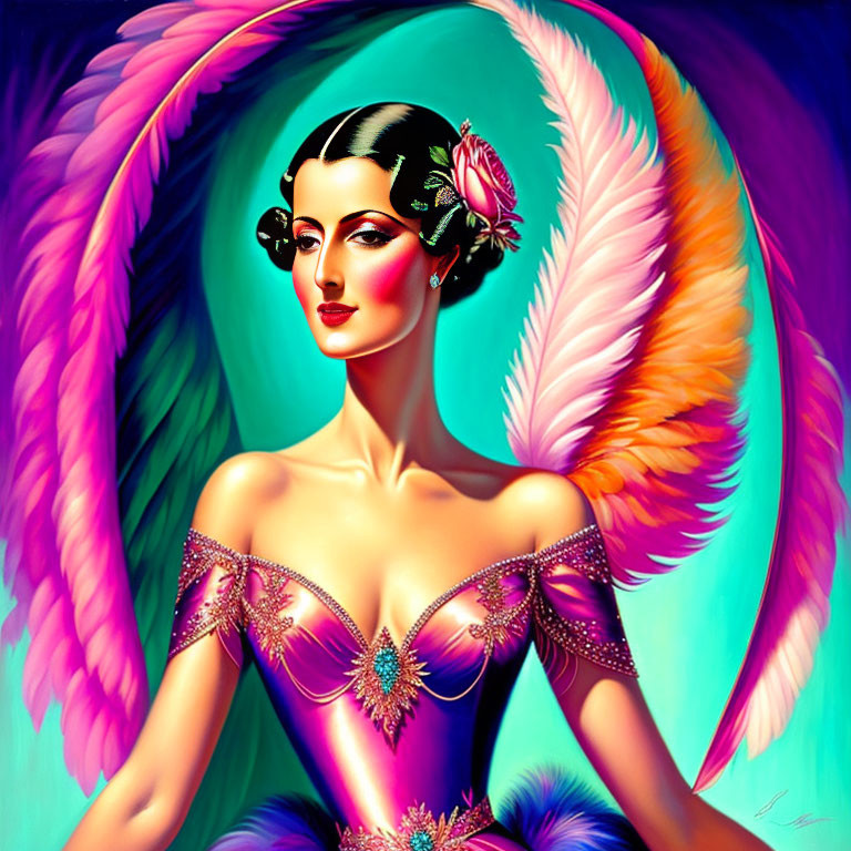 Digital Art Portrait of Woman with Pink Wings and Bird Shoulder