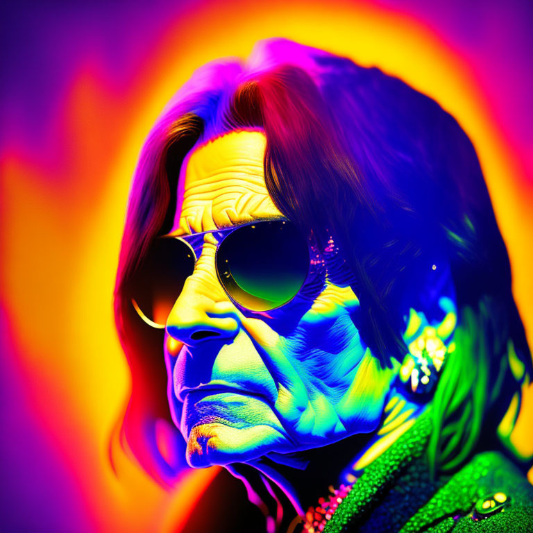 Colorful Psychedelic Portrait with Sunglasses and Flame-Like Patterns