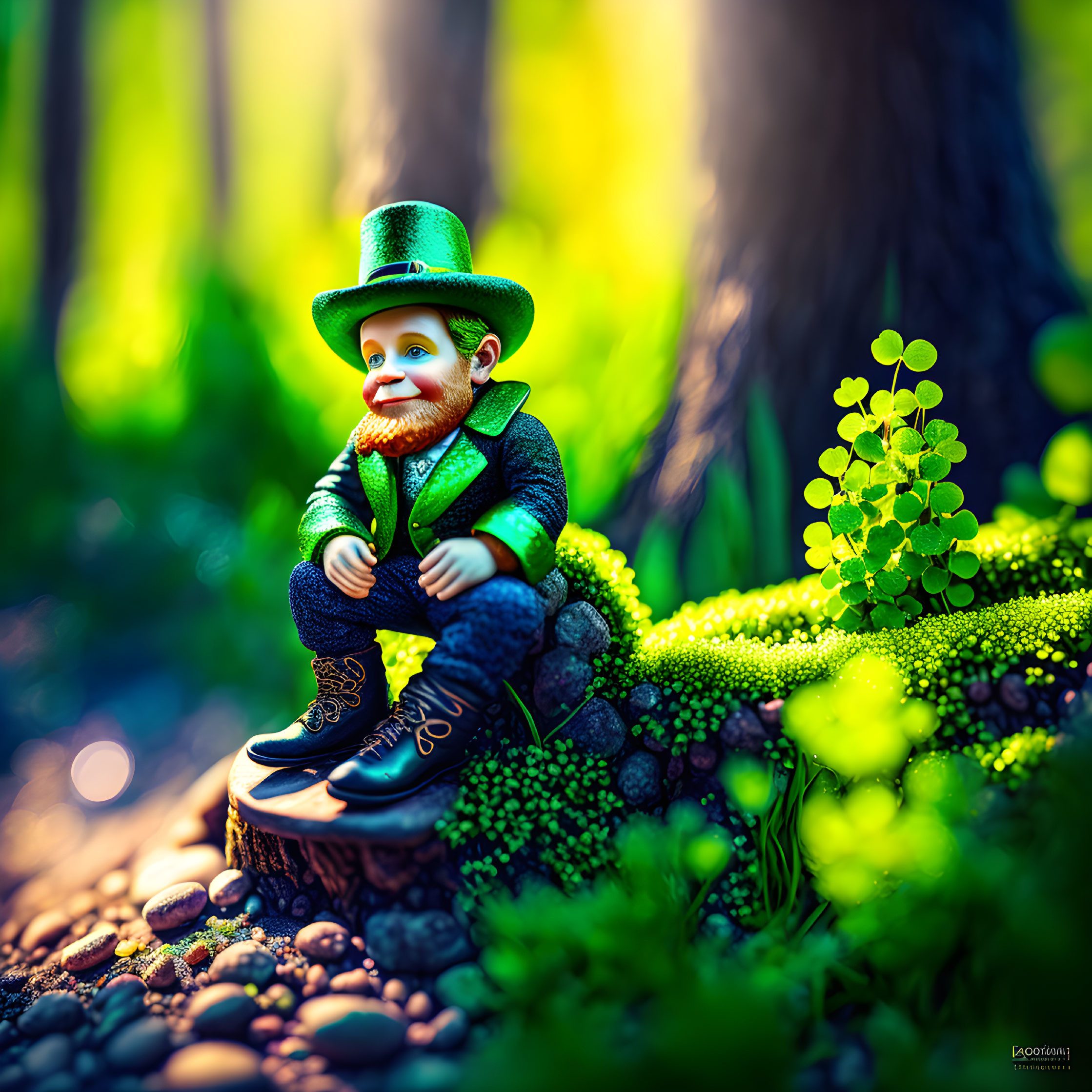 Leprechaun figurine on shoe in lush green forest with sunbeams