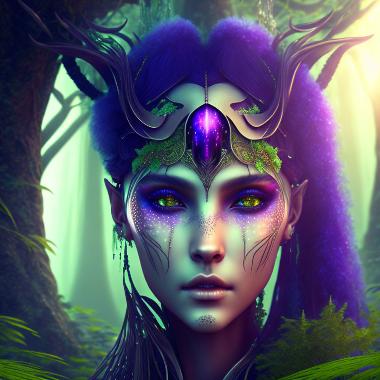 Mystical female figure with violet eyes in enchanted forest wearing elaborate headdress